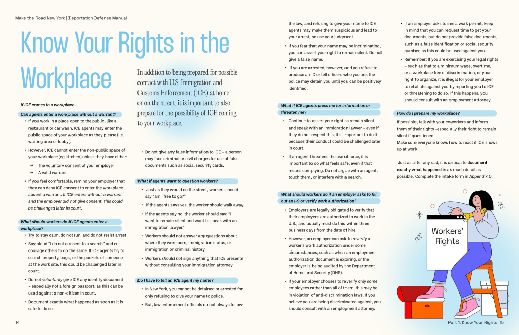 The "If ICE Comes to Your Home" and "Know Your Rights in the Workplace" pages of the Make The Road NY Deportation Defense Manual