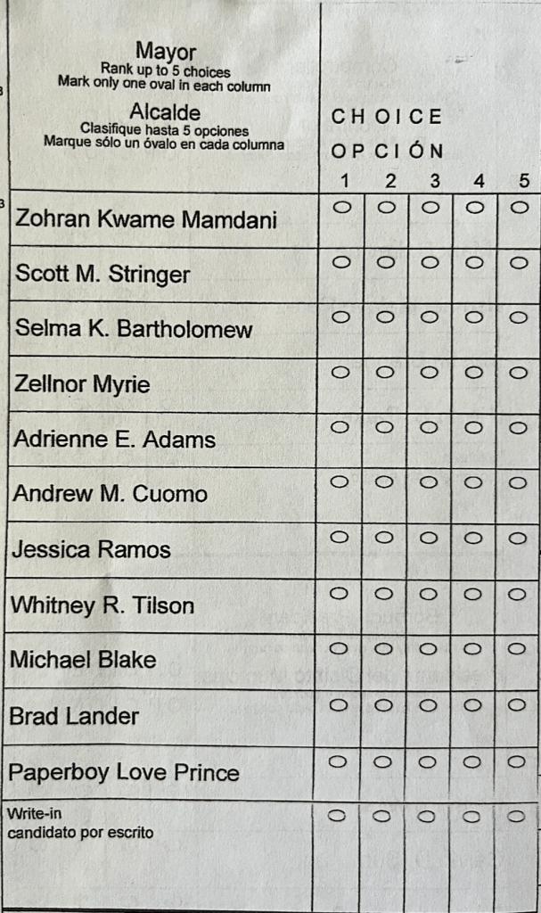A sample ballot with a list of all the mayoral candidates down the left-hand side, and 5 vertical columns of ovals to fill in to indicate your preferences.